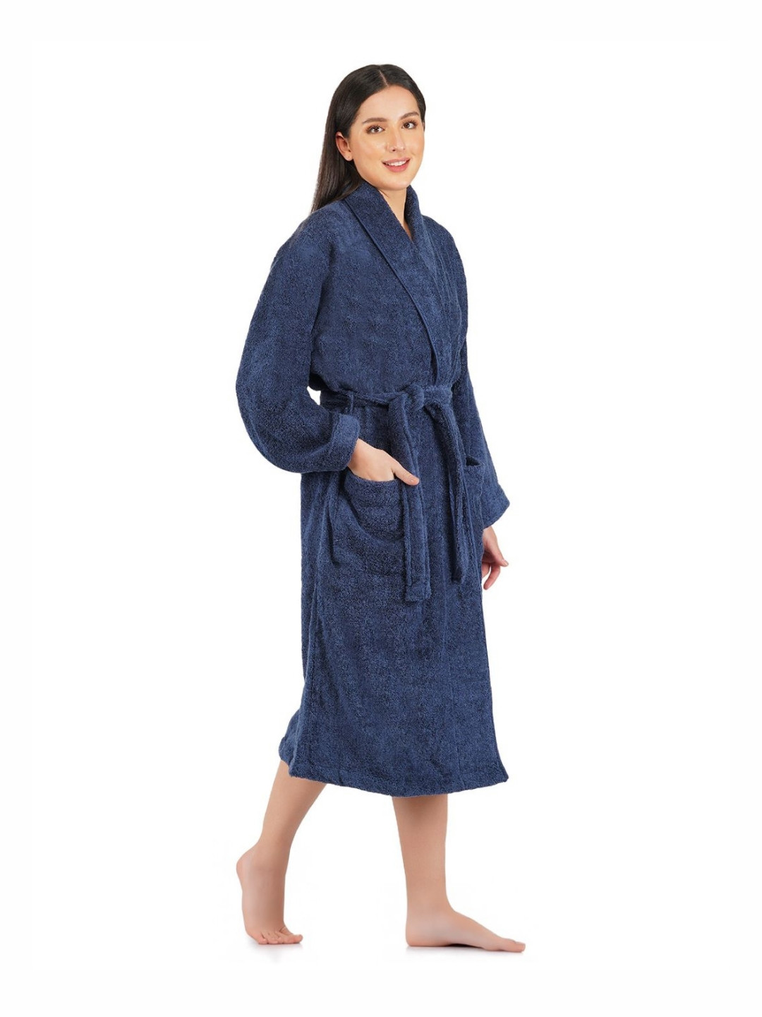 RANGOLI Canningvale, 550 GSM Navy Blue Solid Cotton Drawstring Midi Bath Robe-S