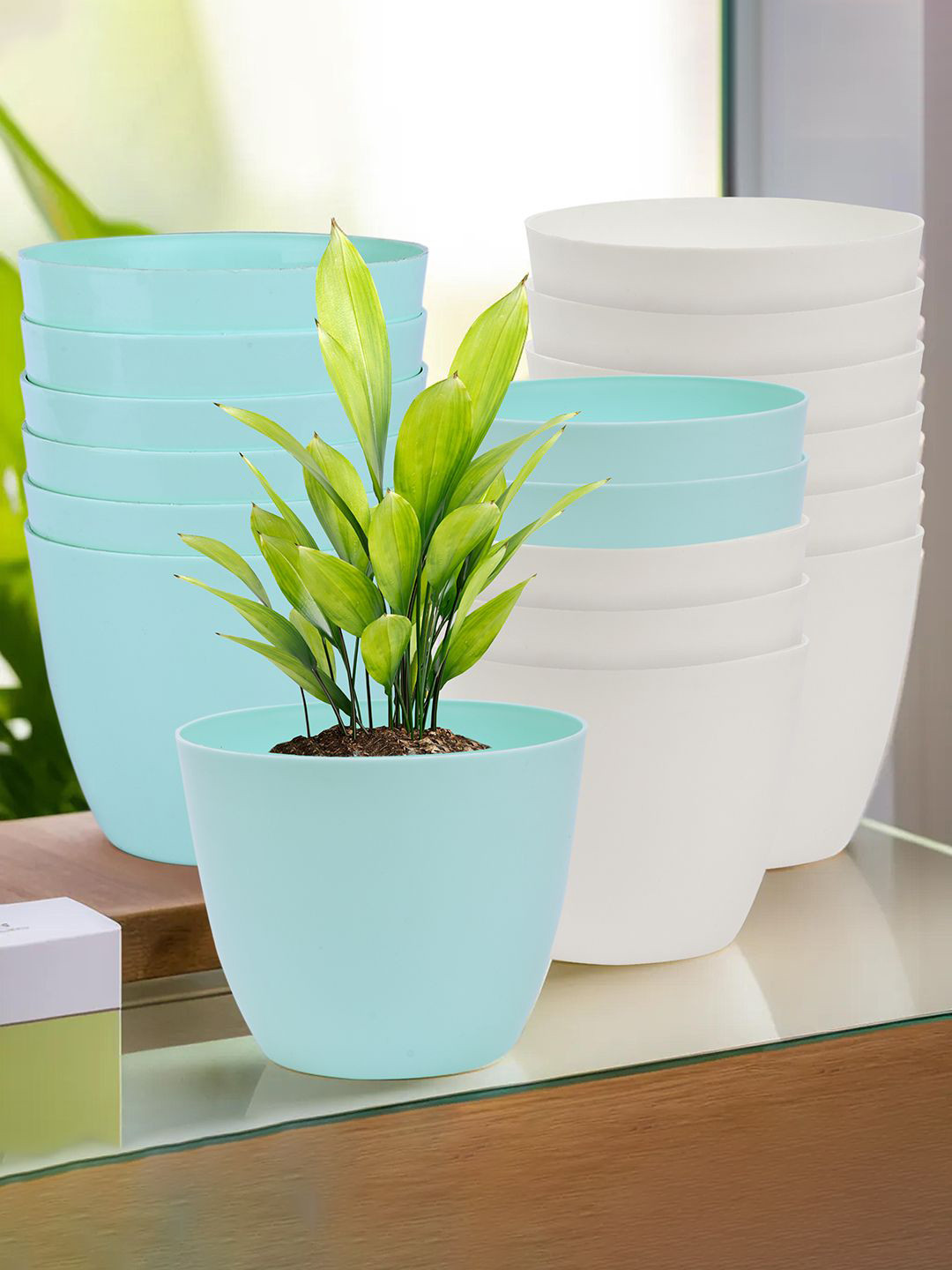 Kuber Industries Pack Of 18 Sky Blue & White Plain Cool Flower Pot 5 Inch