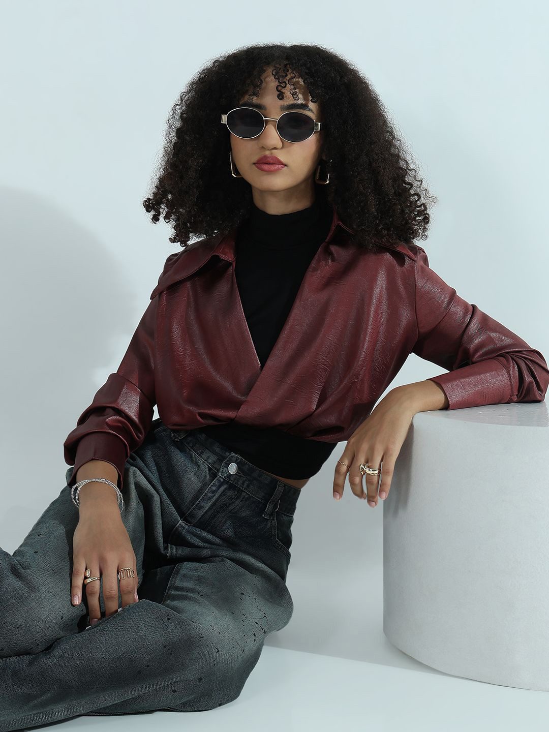 SHOWOFFFF Women PU Coated Cuffed Sleeves Shirt Style Top