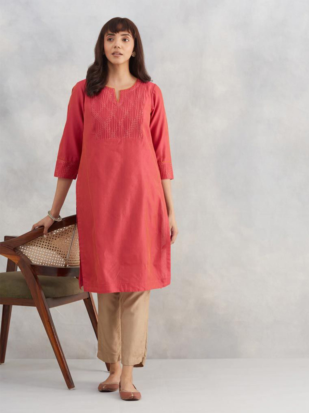 Fabindia Pin Tucks Yoke Design Notch Neck Cotton Silk Straight Kurta