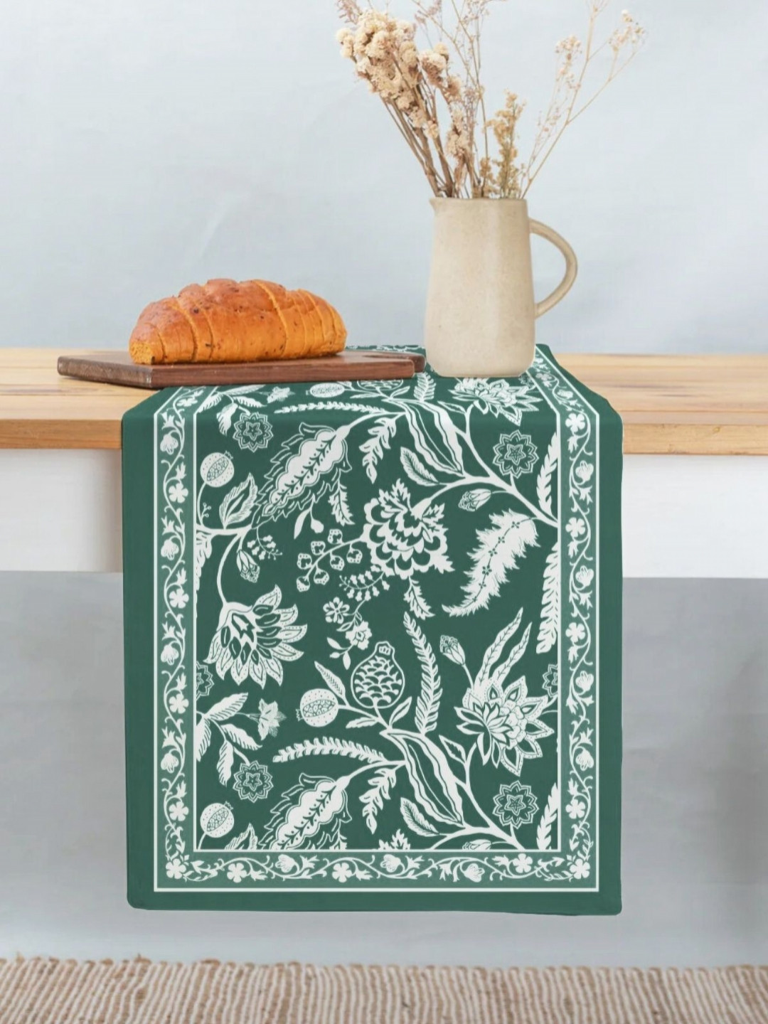 Peepul Tree Forest Green Floral Printed  4 Seater Cotton Table Runner