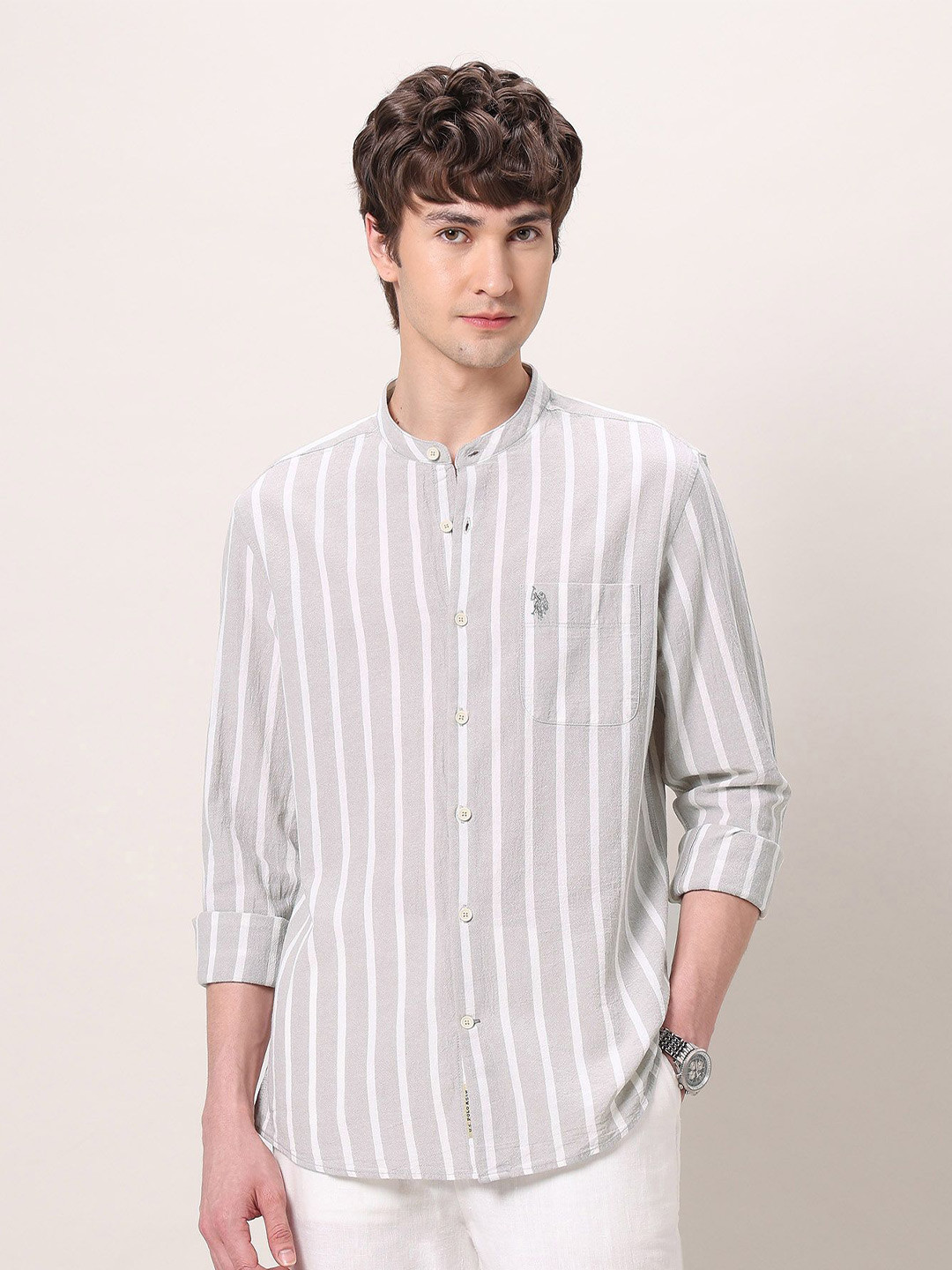 U.S. Polo Assn. Denim Co. Men Pure Cotton Poplin Band Collar Vertical Striped Casual Shirt