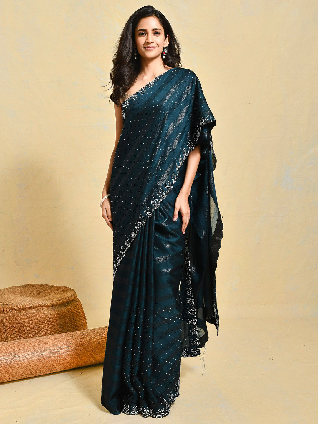 Rupeshwari Striped Embellished Beads and Stones Saree With Unstitched Blouse