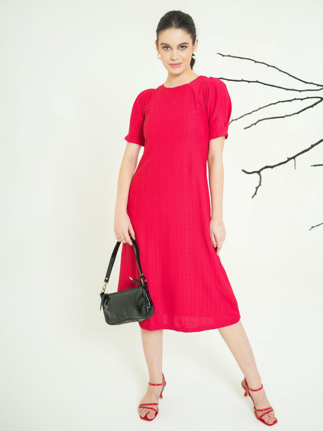 MILOST City Look Women Puff Sleeve A-Line Midi Dress