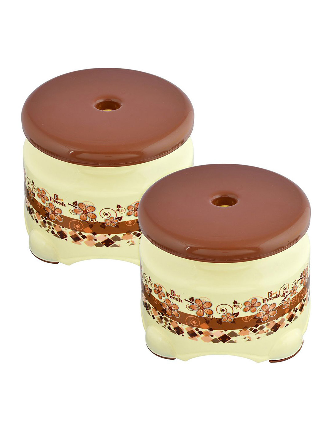 Kuber Industries 2-Pcs Cream-Coloured & Brown Printed Sitting Stool