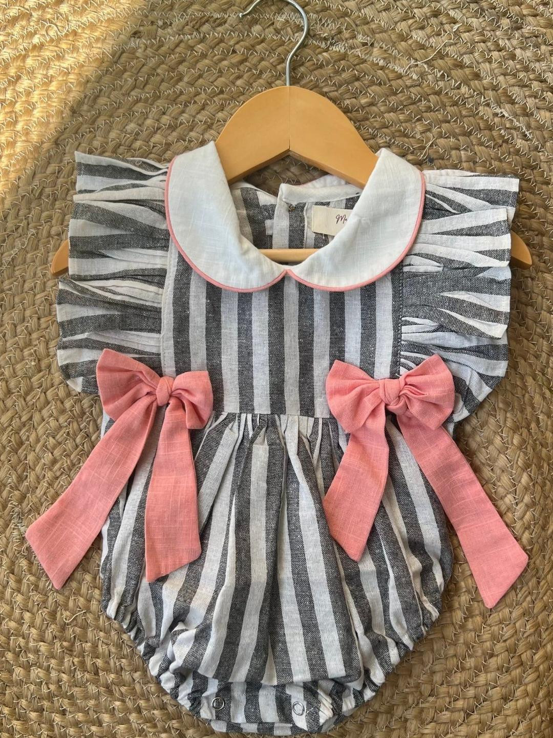 Mamma's Bear Girl Striped Cotton Bow Romper