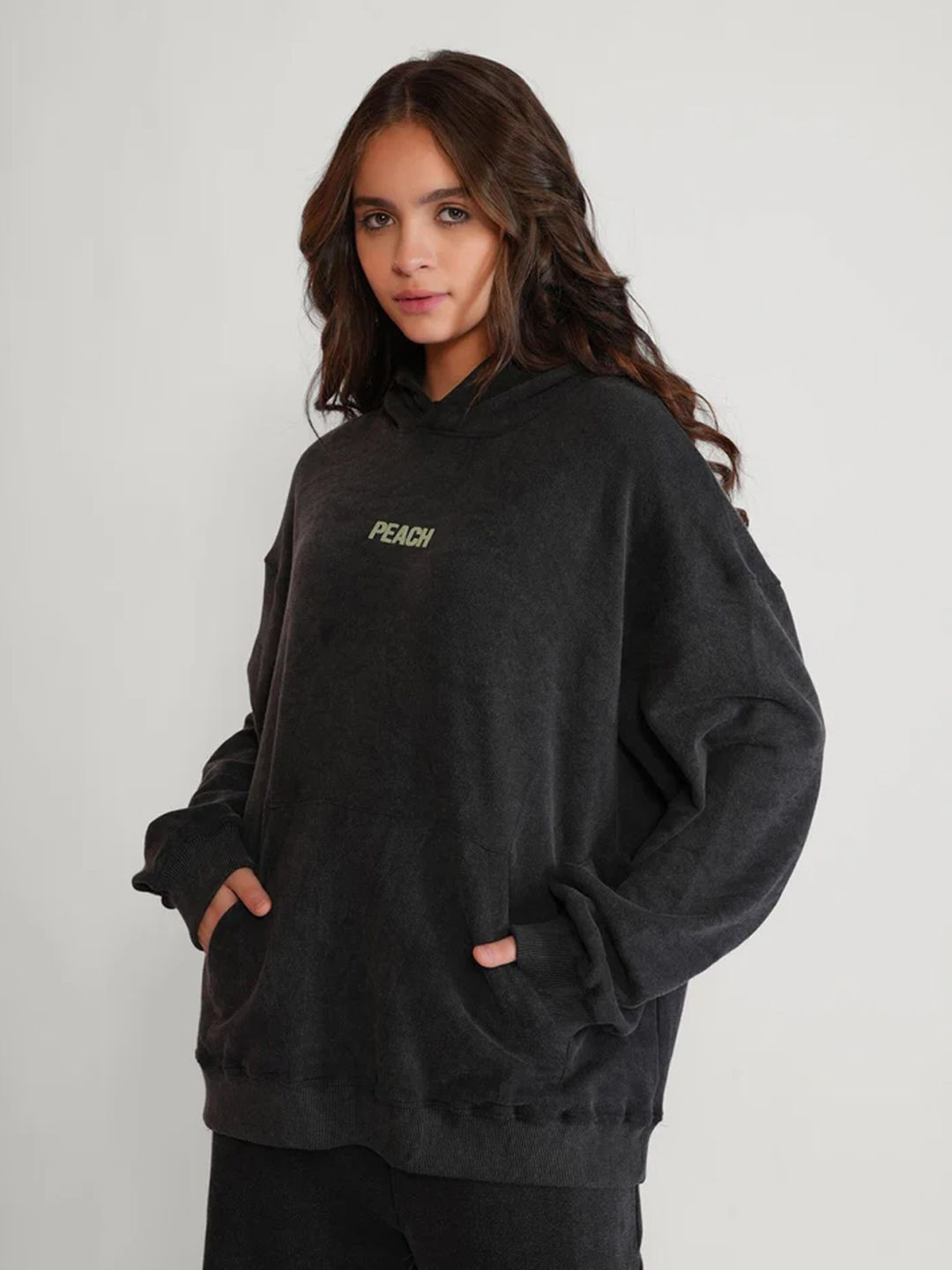 Peach Women Typography Printed Hooded Cotton Sweatshirt