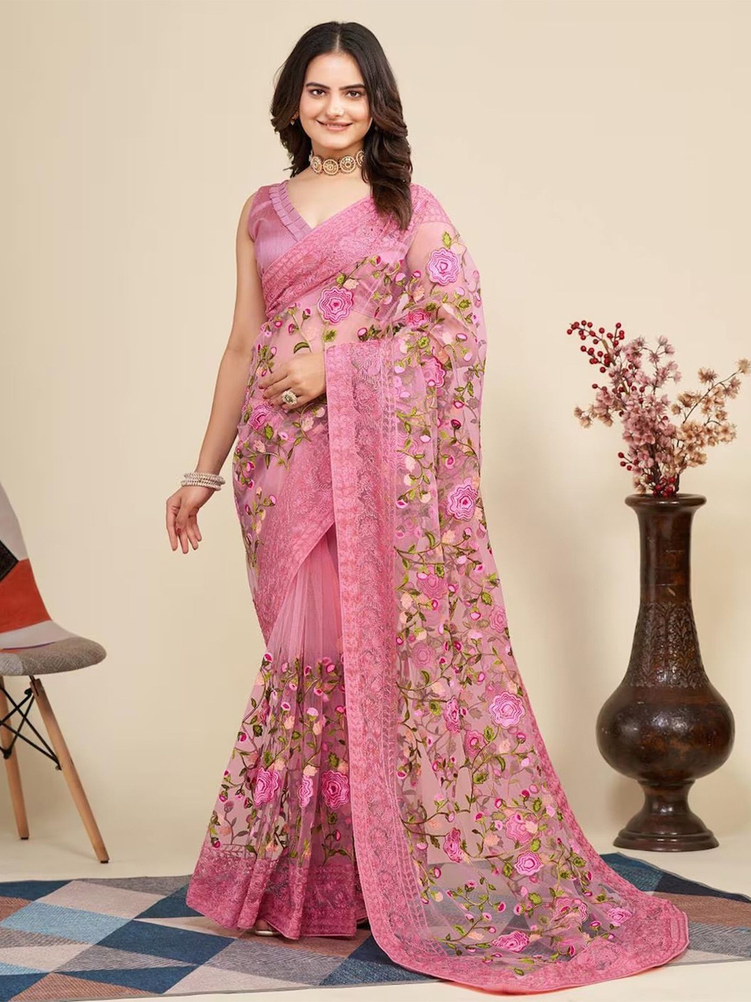 Celeb Styles Floral Embroidered Net Saree