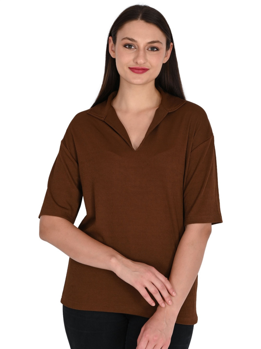 TRAQUILA Women Solid Self Design Polo Collar Cotton T-shirt