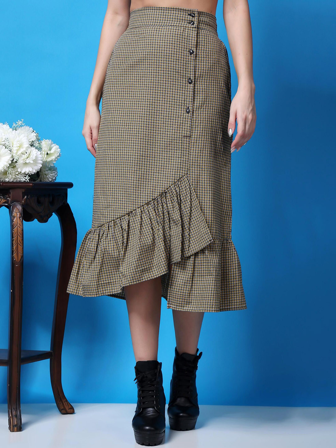 Popwings Women Checked Pure Cotton A-Line Midi Layered Frill Hem Skirt