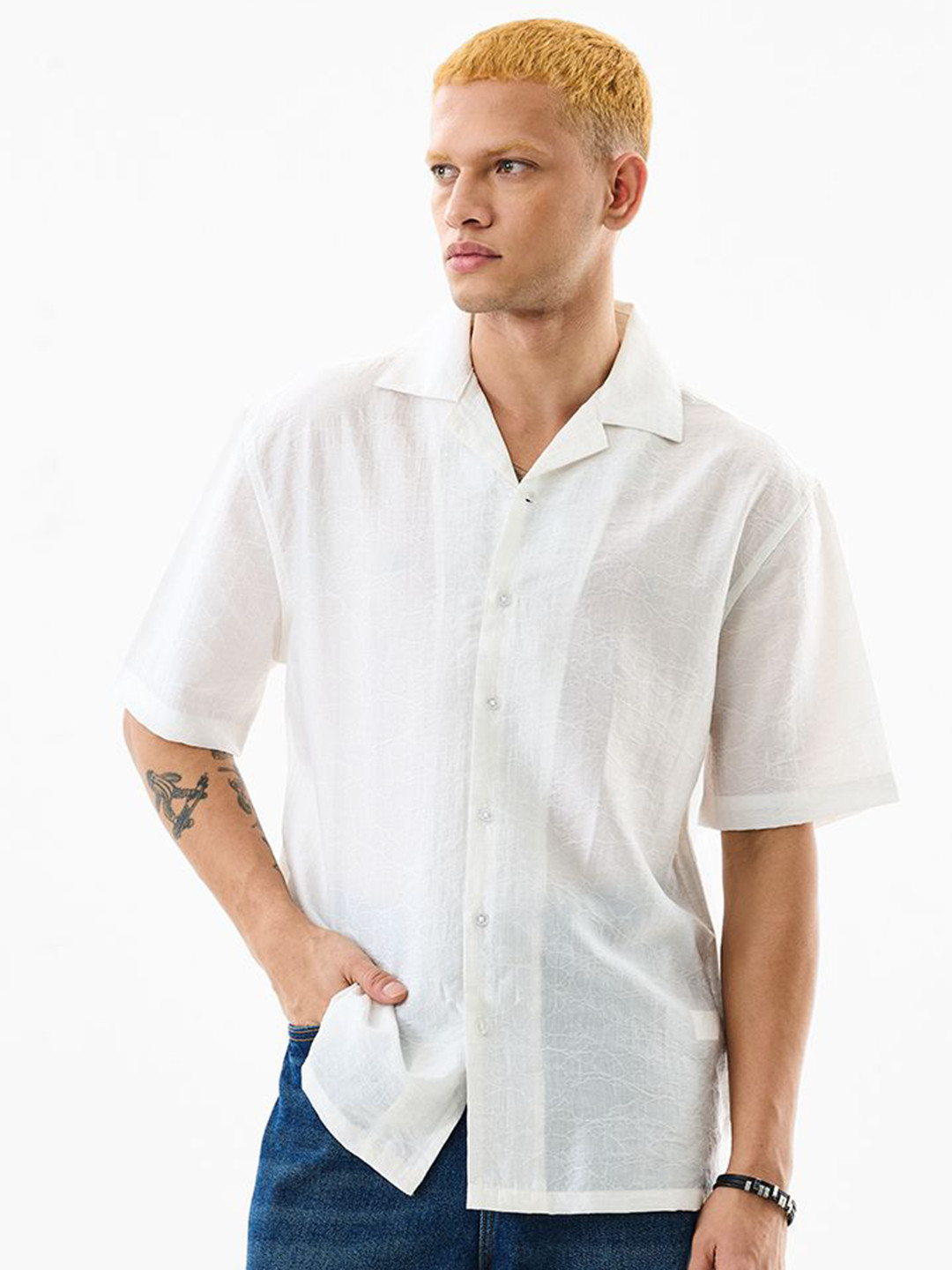 Snitch Men White Textured Shirt