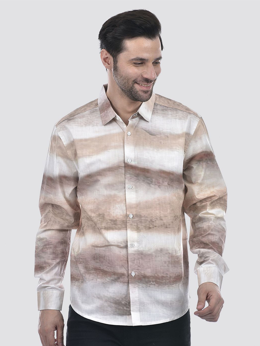 CAMLA Horizontal Stripes Printed Spread Collar Casual Cotton Shirt