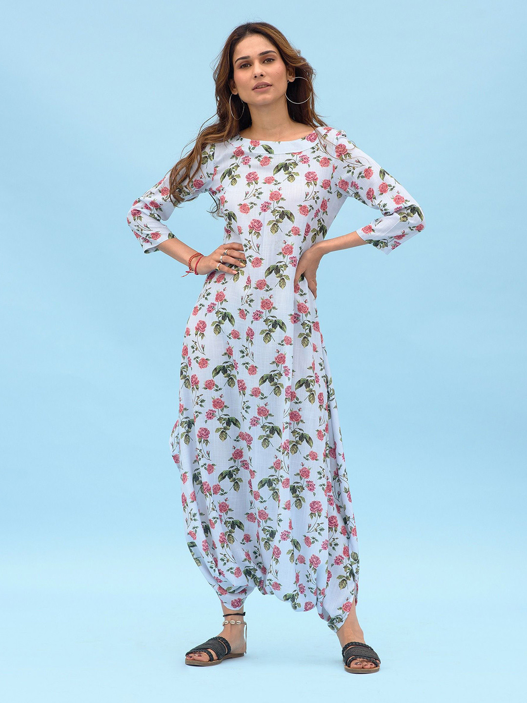 Pasha Women Iceberg Blue Floral Printed Culotte Jumpsuit