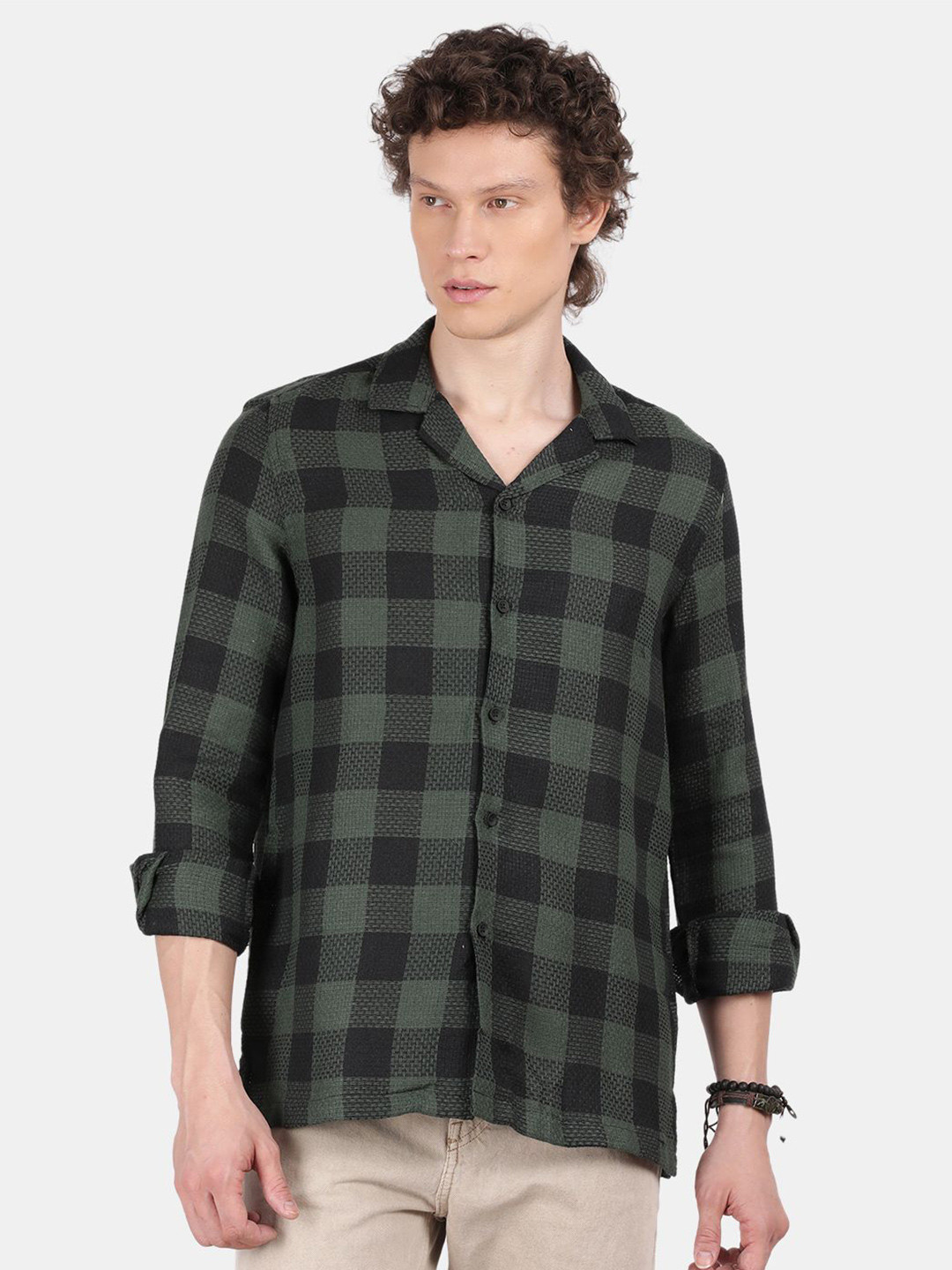 Blu MNKY Smart Slim Fit Checks Cotton Linen Casual Shirt