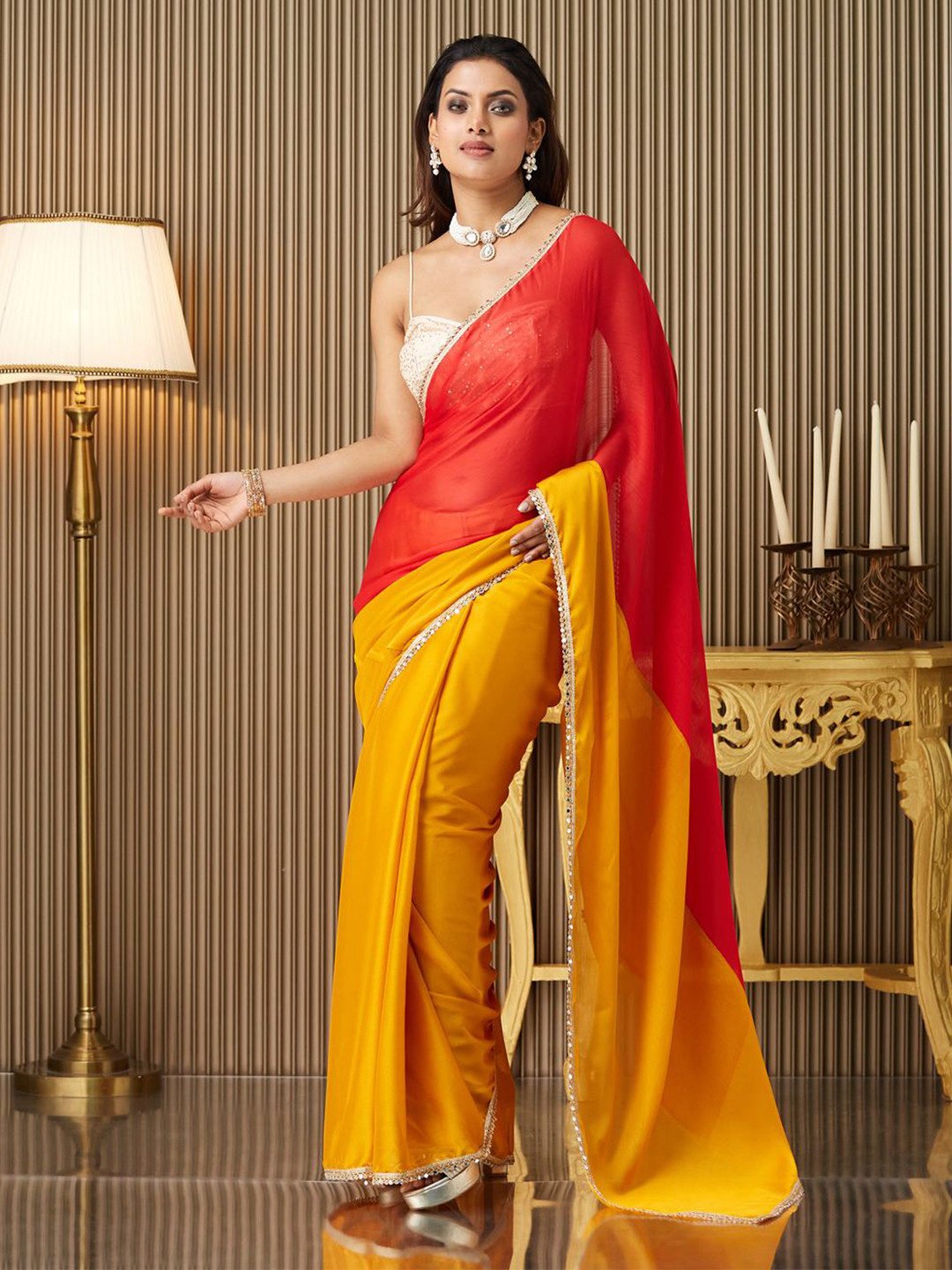 Mitera Colorblocked Embellished Mirror Work Pure Chiffon Saree