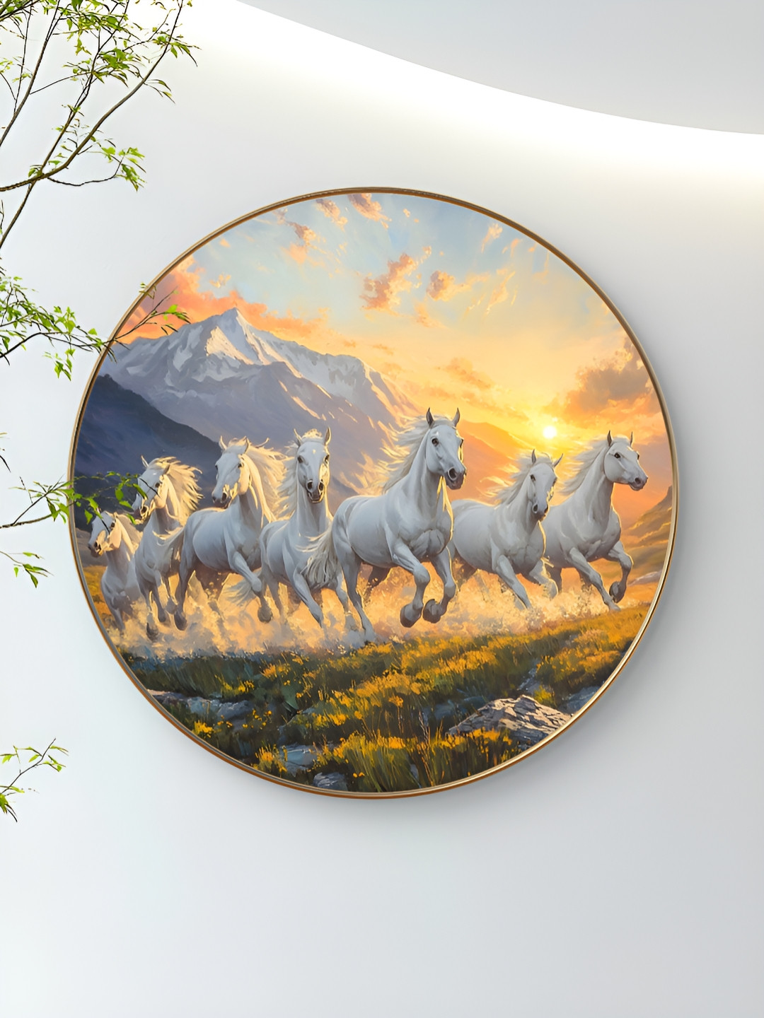 SAF Stallions Running At Dawn Wood Wall Round Paintings Wall Art - 16 x16In