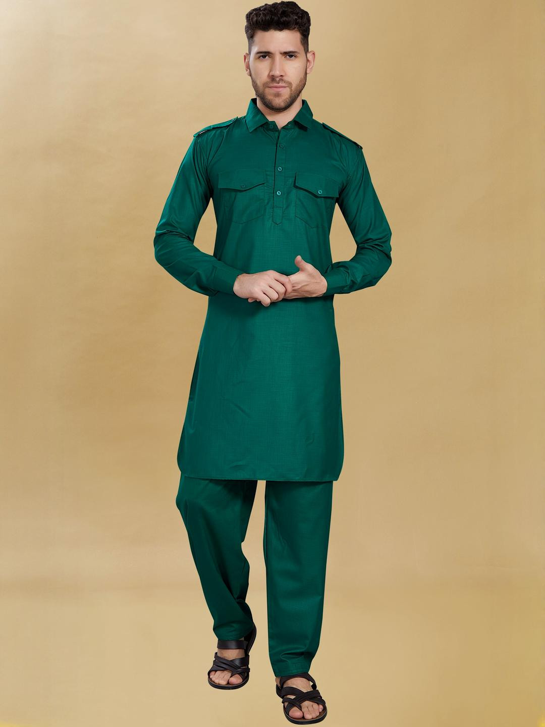 PulseIQ Green Cotton Blend Solid Kurta Sets