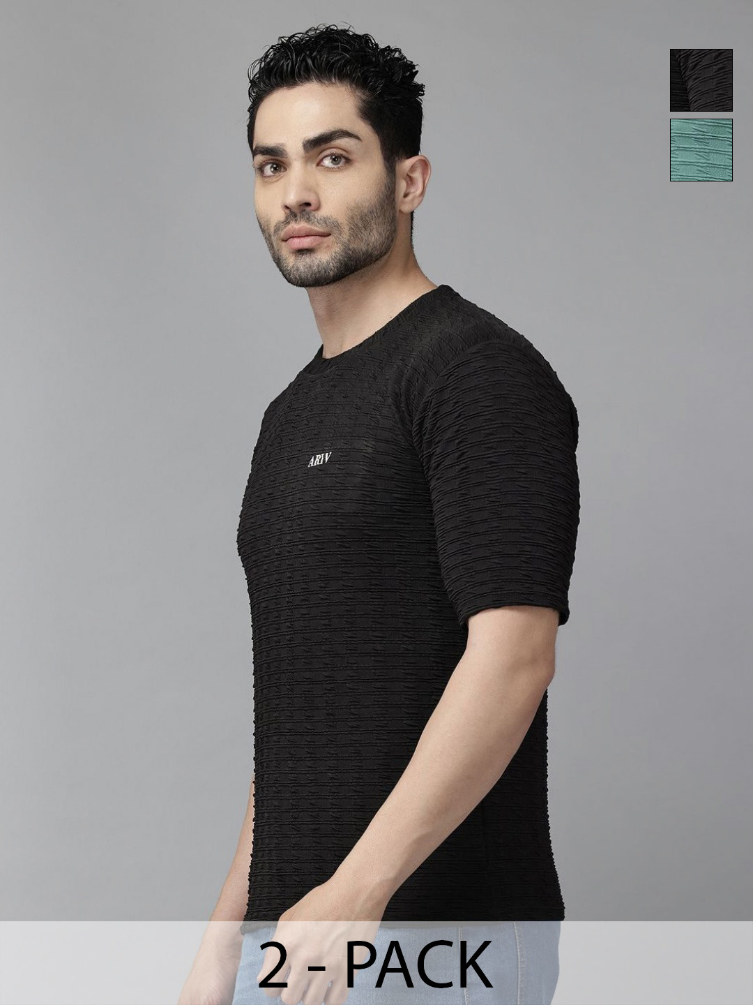 ATLANS Men Pack of 2 Self Design Round Neck T-shirts