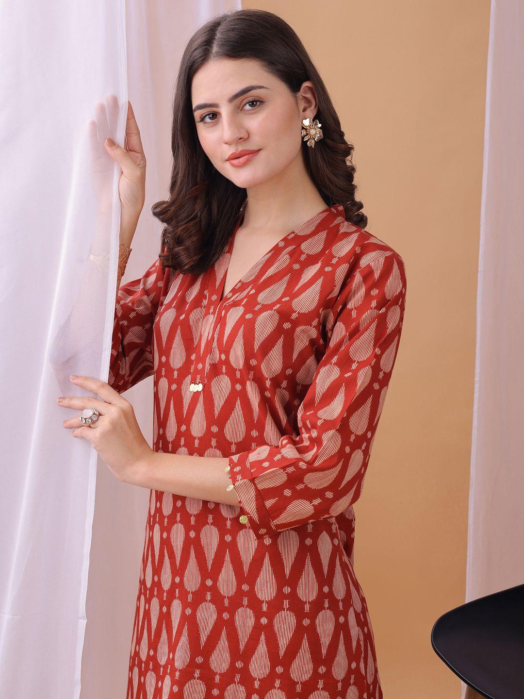 KALINI Classic Red Pure Cambric Cotton Printed Abstract Straight Kurta Kurta with Pant