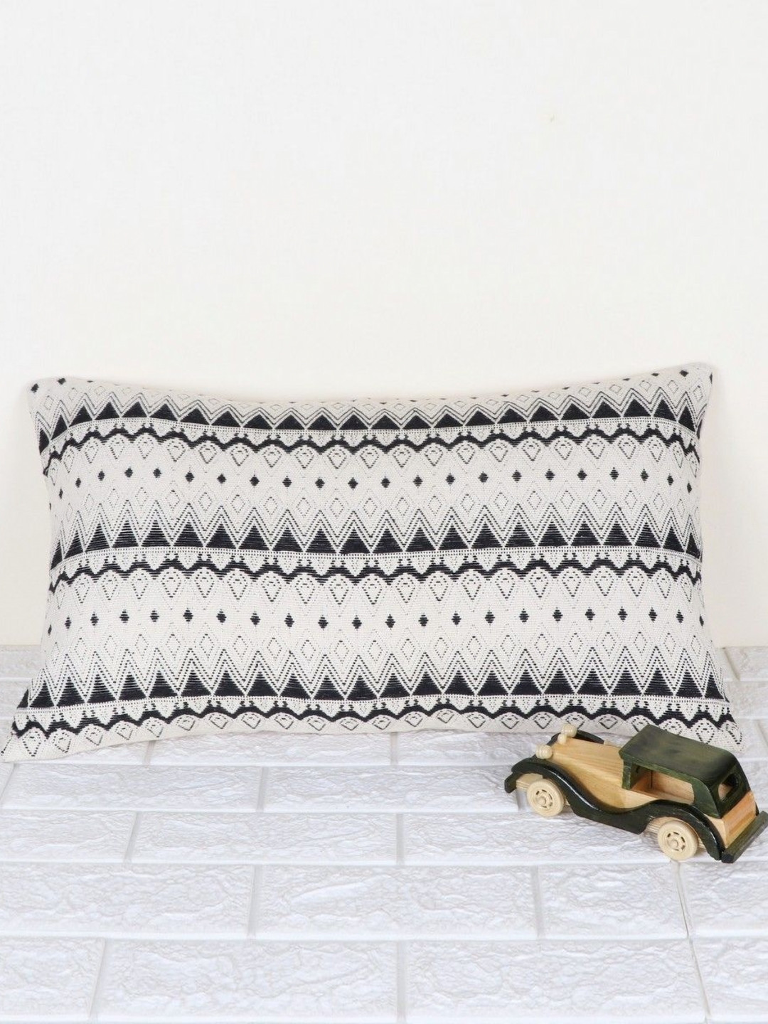 Indihomecraft Black Geometric Cotton Embroidered Rectangle Cushion Cover -14x24In