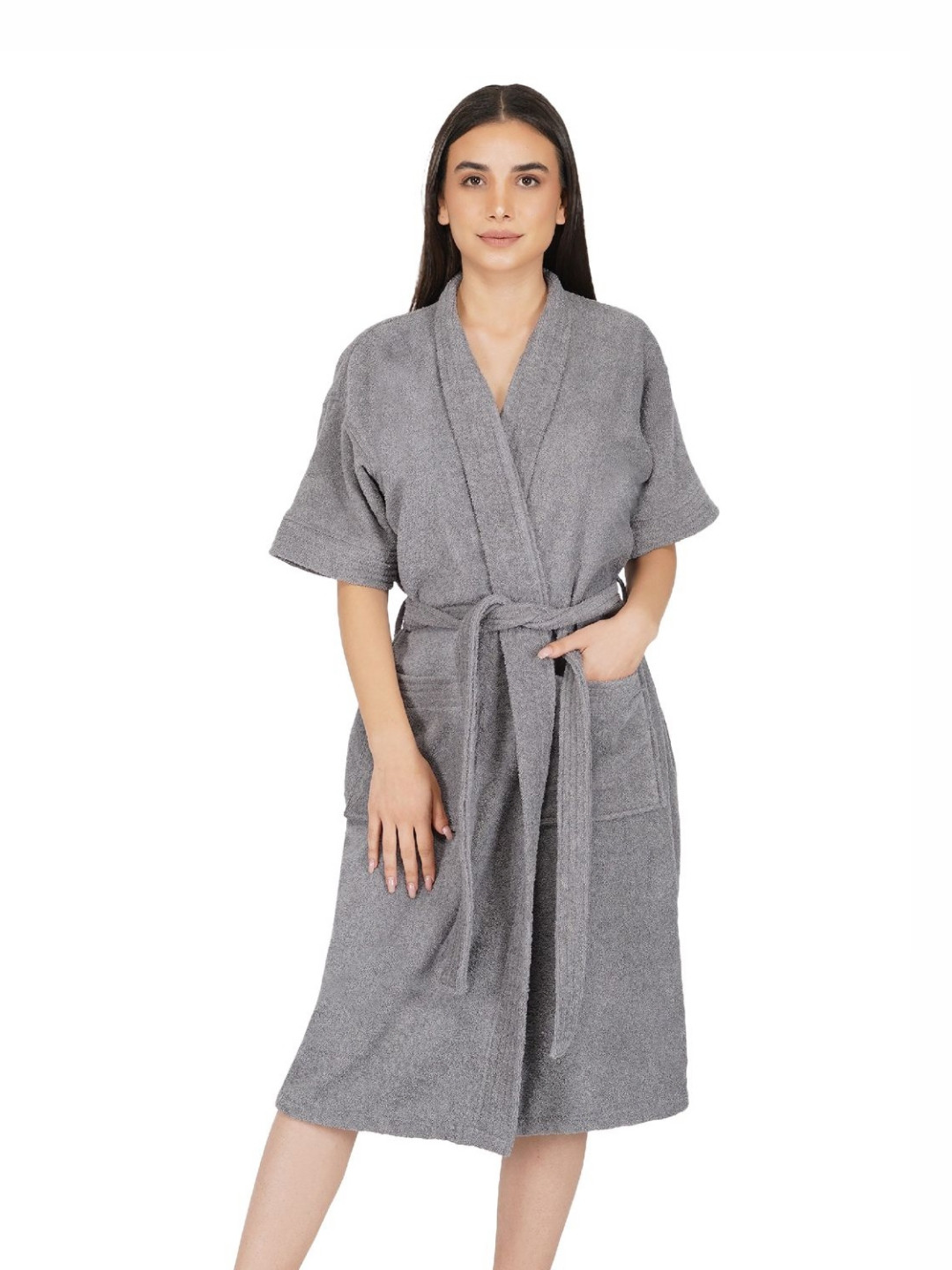 RANGOLI Noble, 400 GSM Grey Solid Cotton Drawstring Midi Bath Robe-M