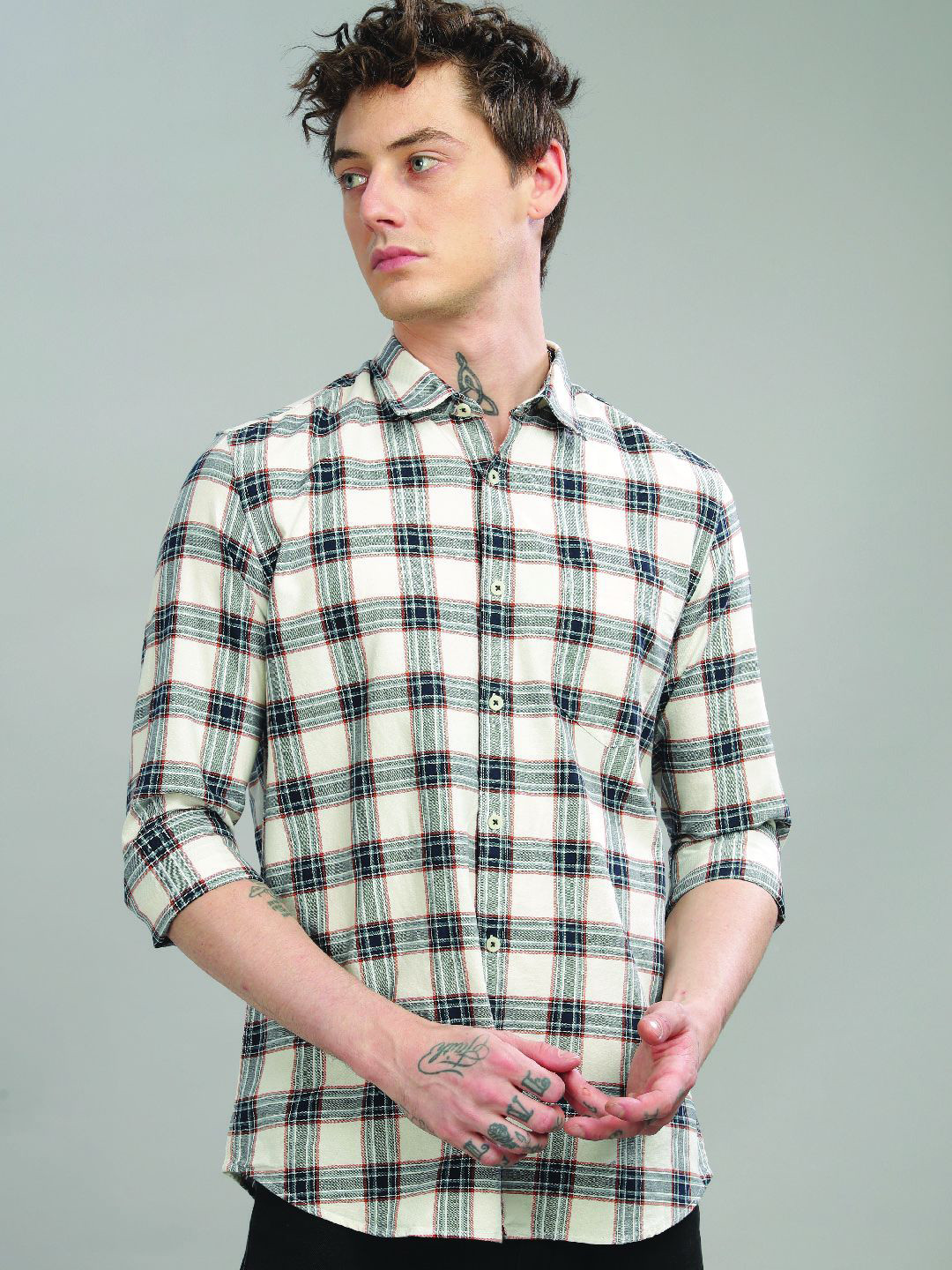 Blu MNKY Checked Spread Collar Smart Slim Fit Shirt