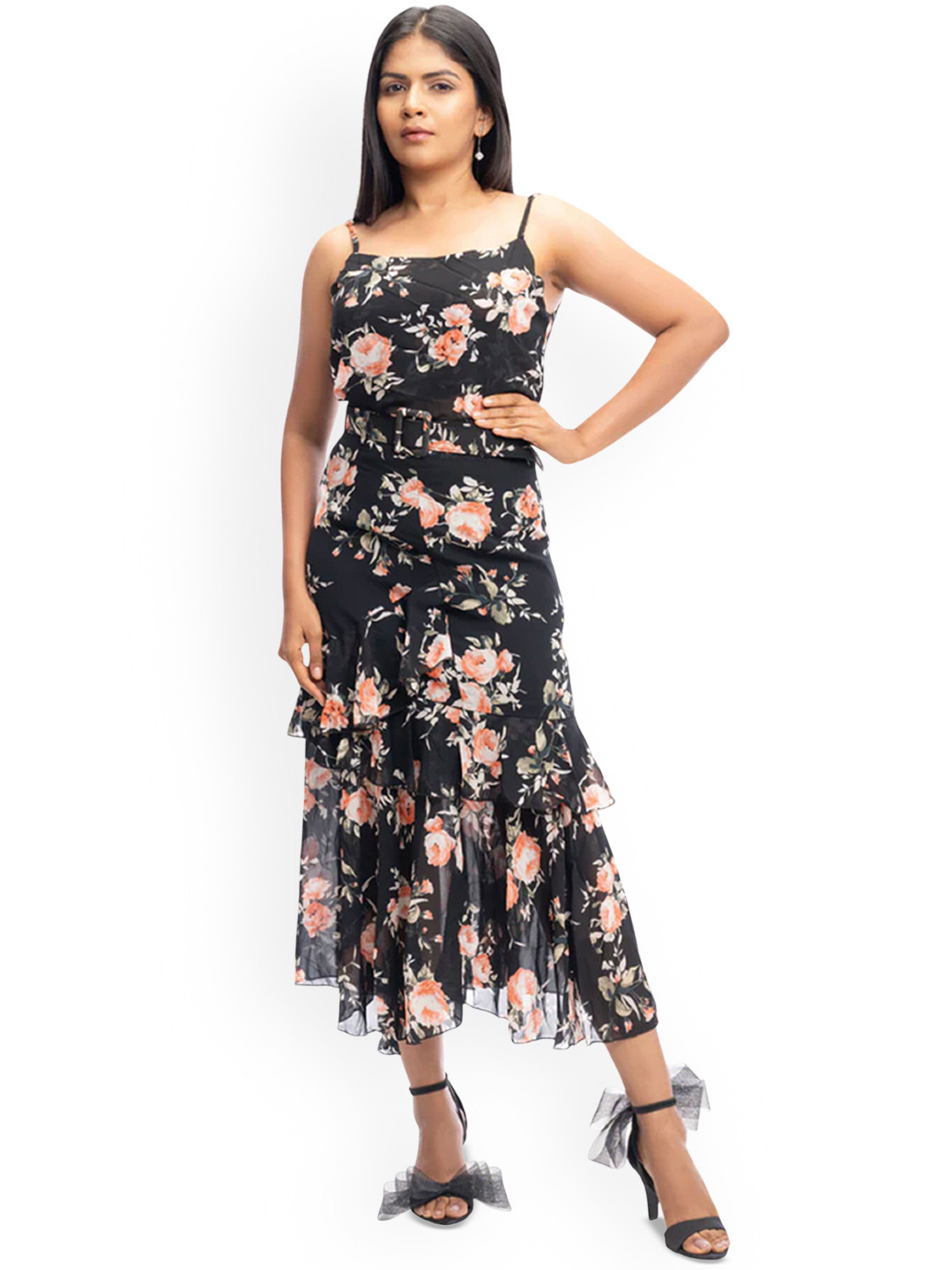 DRESICO Floral Printed Spaghetti Strap Top With Skirt Co-Ords