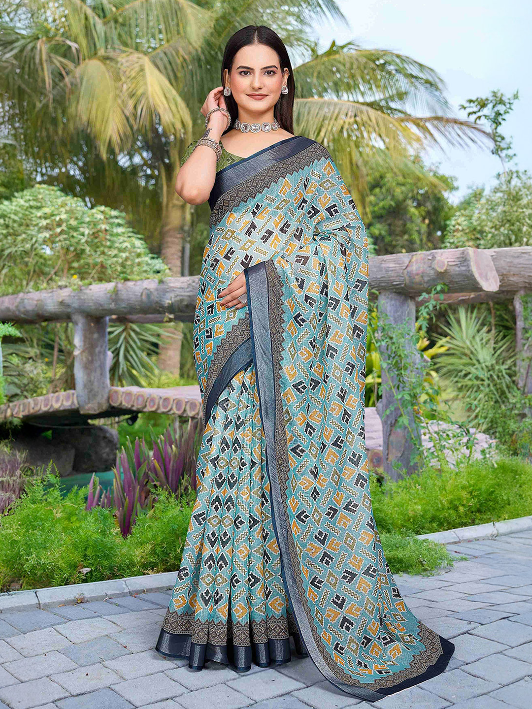 PHEASANT Geometric Printed Pure Linen Saree