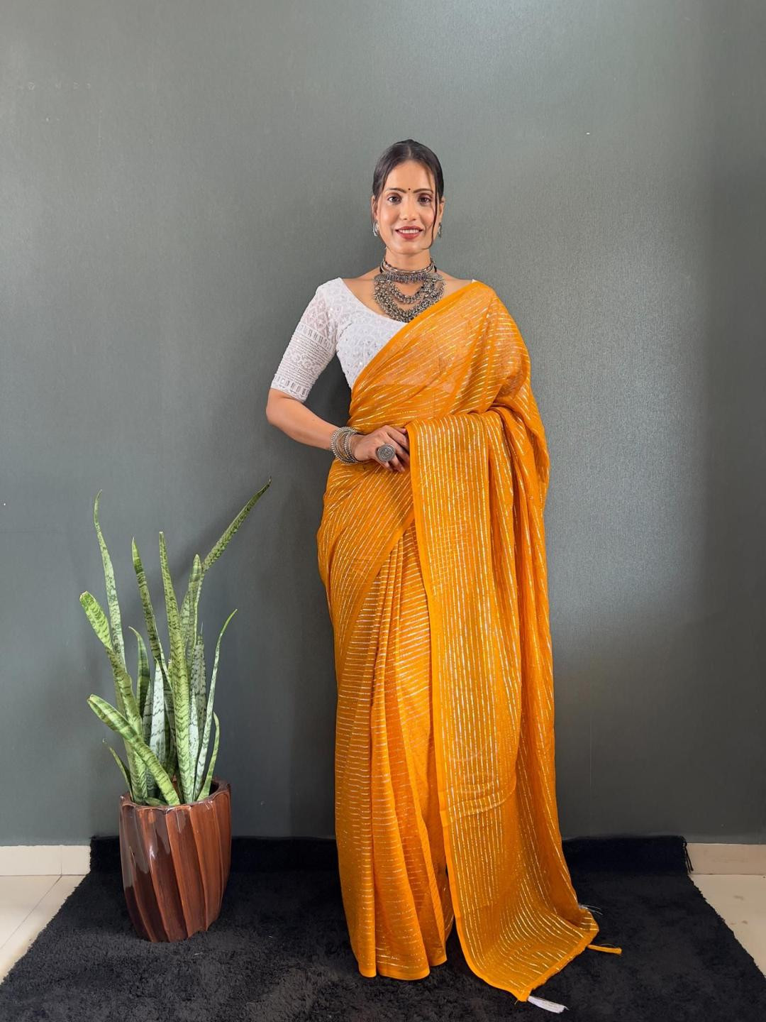 AQUILIQ Yellow Ombre printed saree with solid border And Chikan Kari blouse Piece