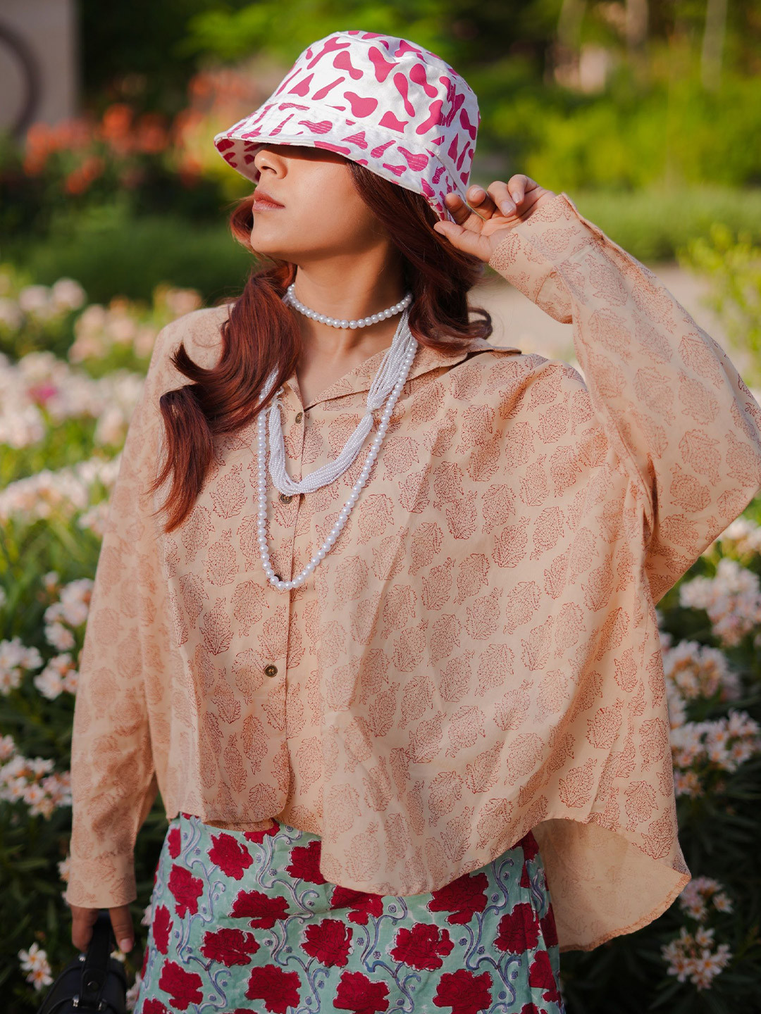 SASSY SAJJA Women Latte Handblock Printed Free Size Shirt