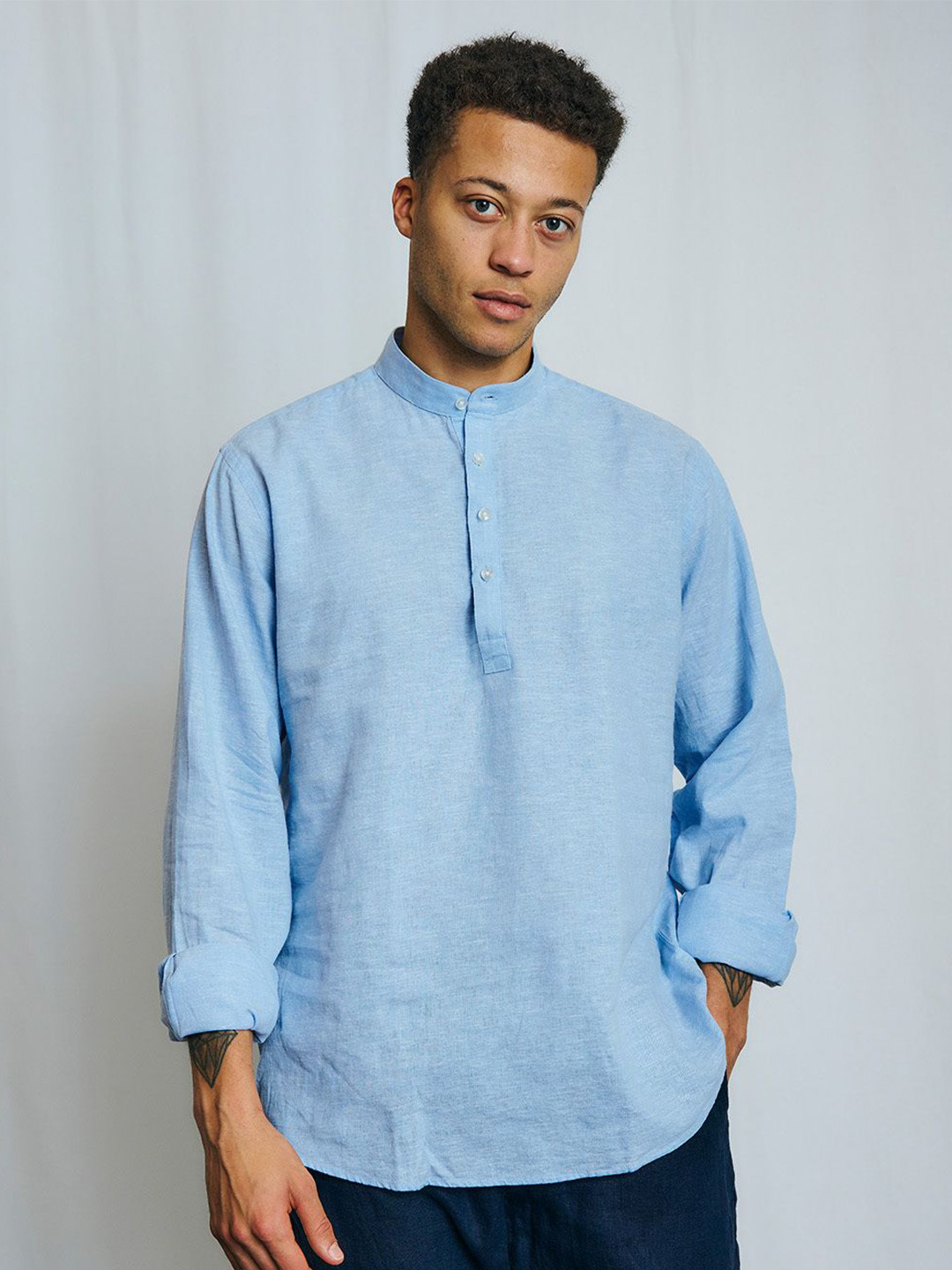 Bruun & Stengade Men Solid Mandarin Collar Full Sleeves Relaxed Fit Casual Shirt