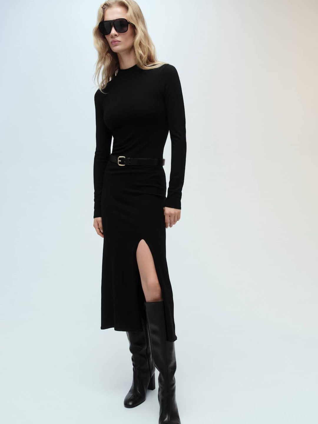 MANGO High-Neck Slit Detail Midi Sheath Dress