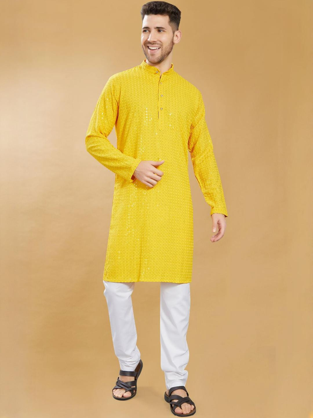 PulseIQ Yellow Viscose Rayon Embroidered Kurta Sets
