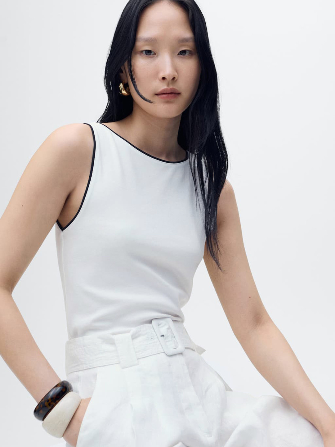 MANGO Contrast Piping Boat Neck Fitted Top