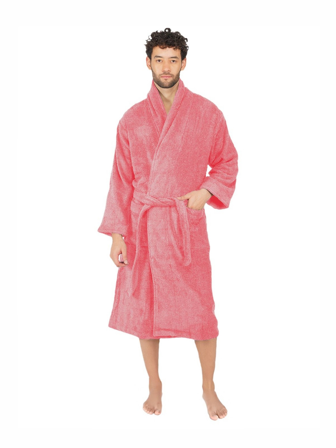 RANGOLI Canningvale, 550 GSM Peach Solid Cotton Drawstring Midi Bath Robe-M