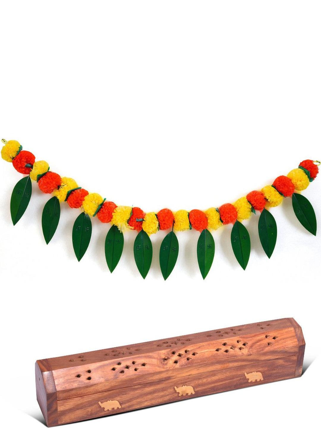 DigiRake Wooden Incense Stick Holder & Marigold Toran Pooja Essentials