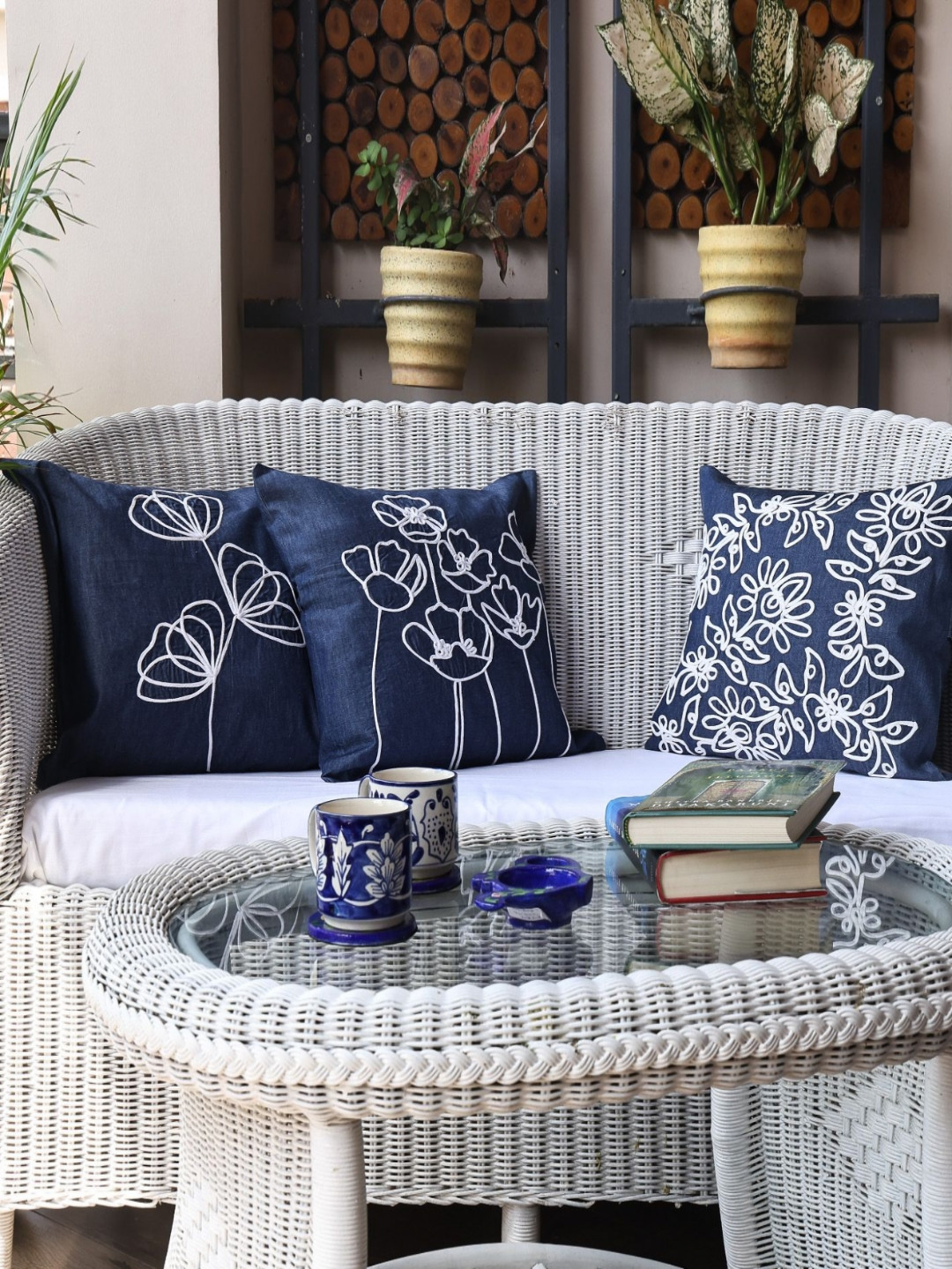 Sangria Threaded Floral Cotton Washable 3 Pcs Embroidered Cushion Covers - 16 x 16 Inches