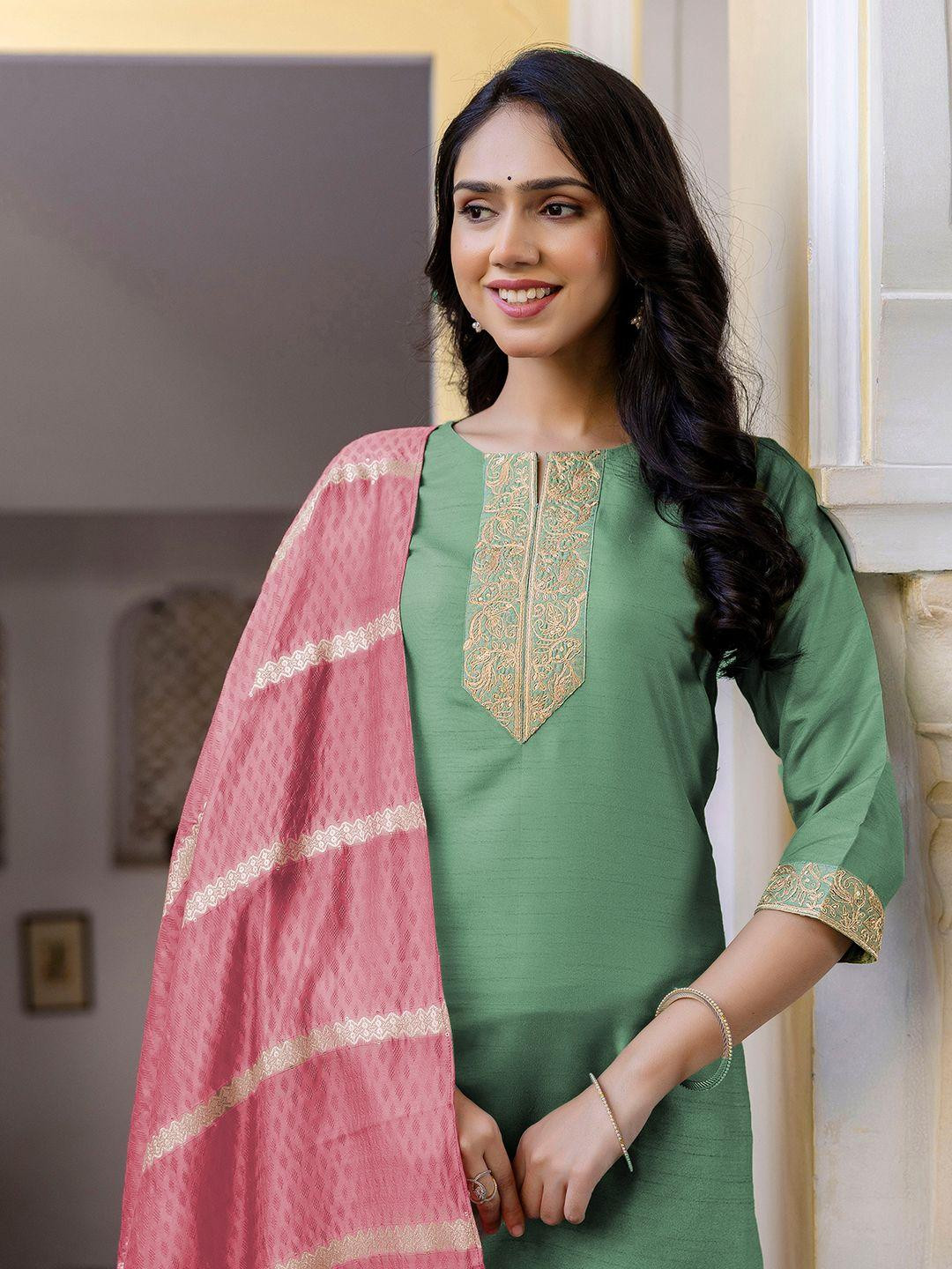 KALINI Green Silk Blend Embroidered Straight Kurta Trousers With Dupatta