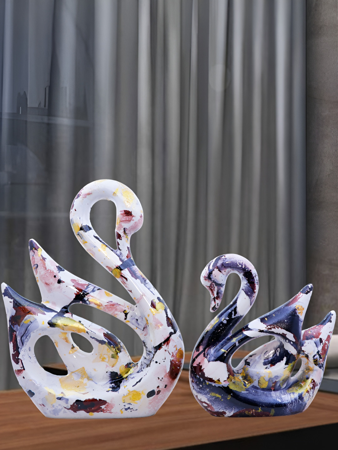 Aura Swan Couple White Polyresin Matte Living Room Set of 2 Medium Showpieces - 9.8 Inches