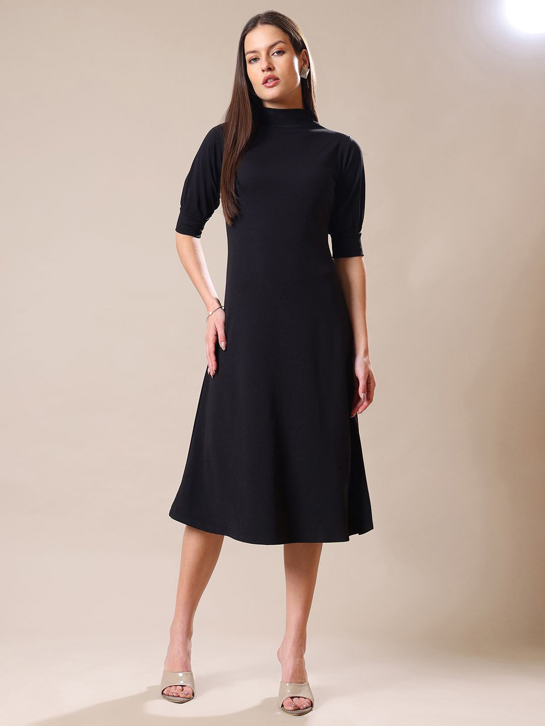 MILOST Women High Neck Cuffed Sleeve Fit & Flare Midi Dress