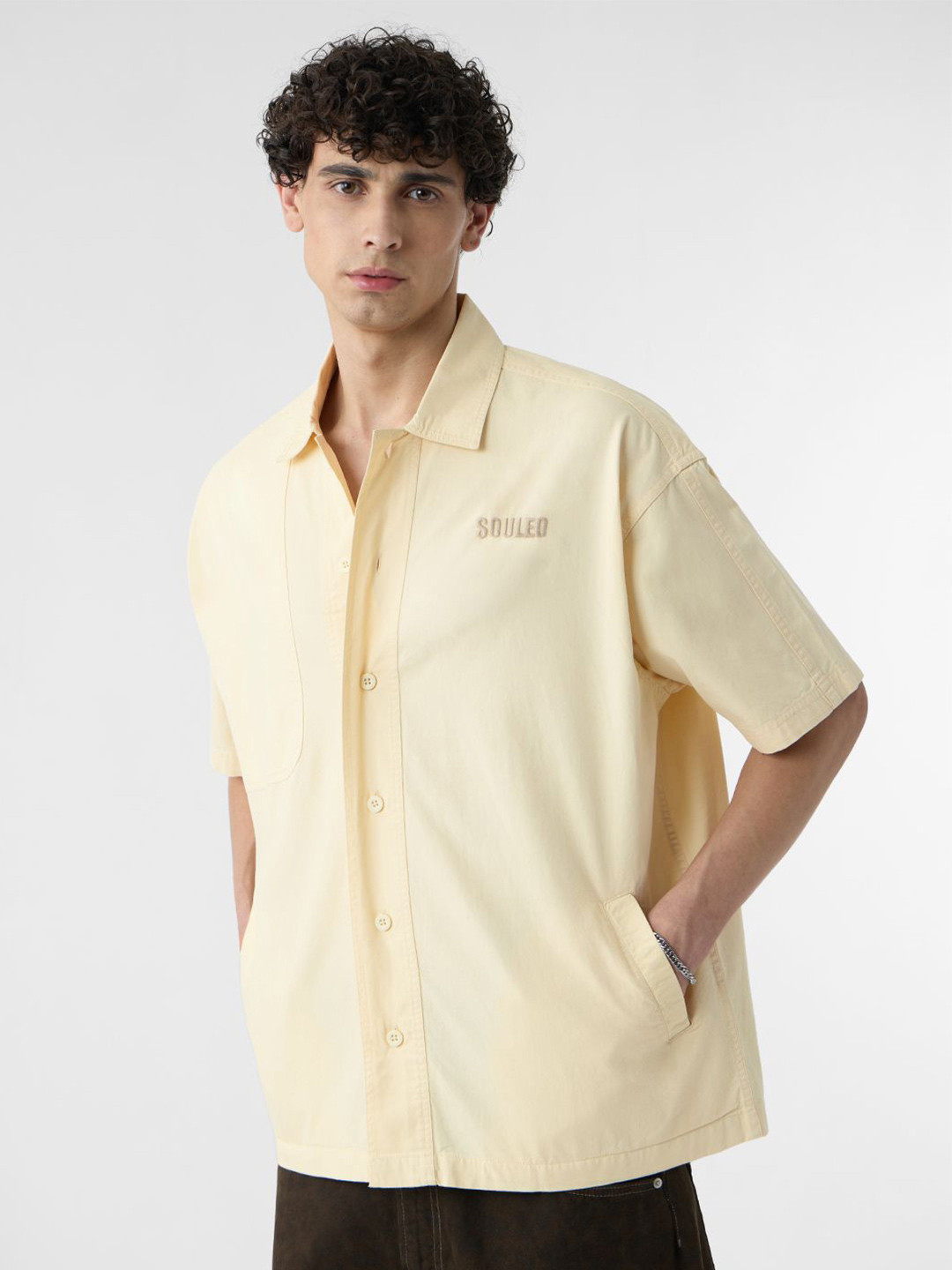 The Souled Store Oversized Panel Detail Dune Pure Cotton Casual Shirt