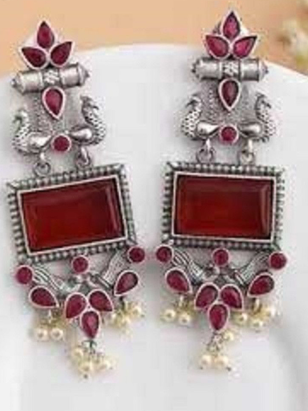 Anouk Silver-Plated Artificial Stones Studded & Beads Beaded Square Oxidised Jhumkas