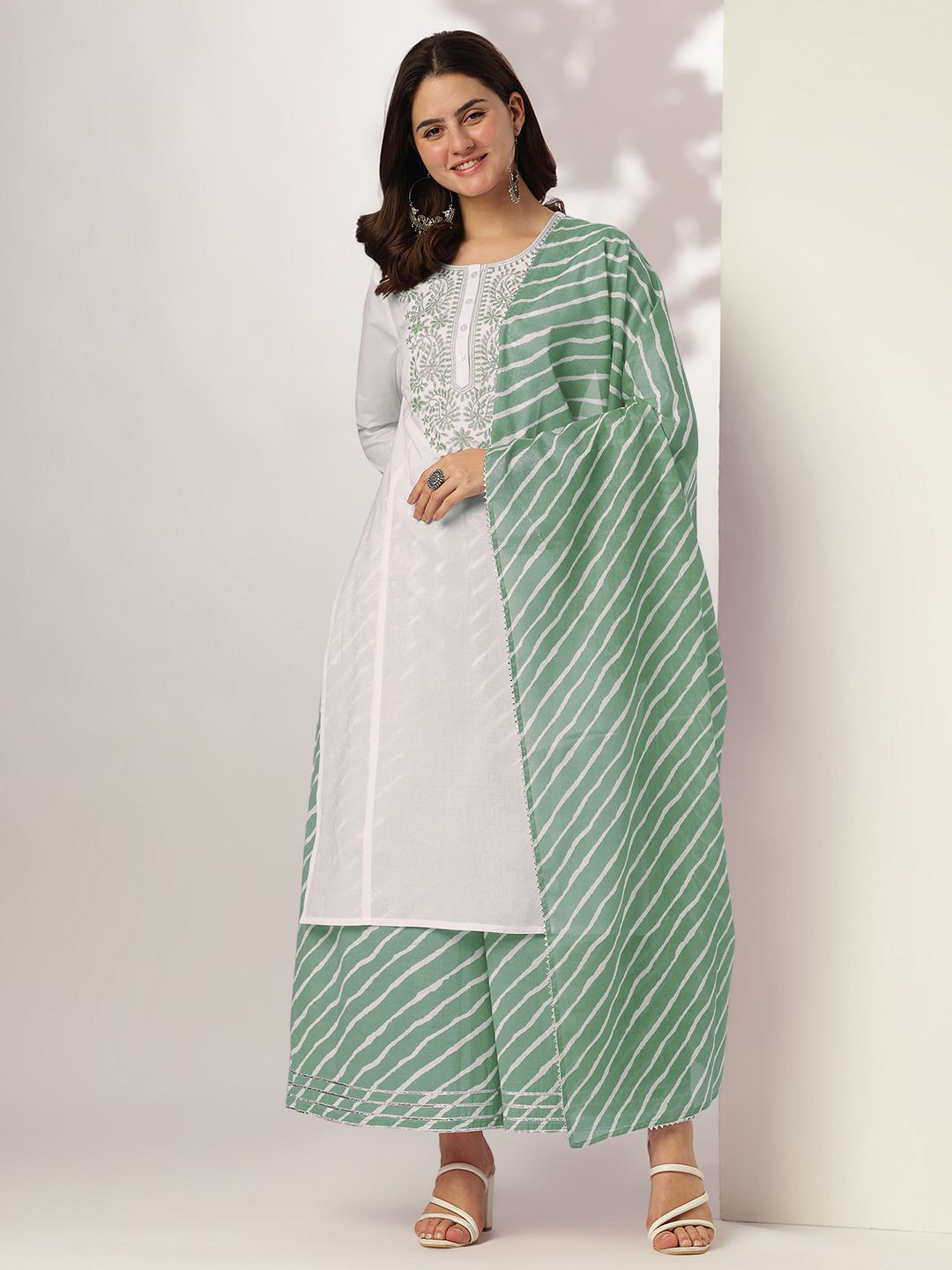 Janasya Women White & Sage Green Pure Cotton Yoke Embroidered Straight Kurta With Palazzo & Dupatta Set
