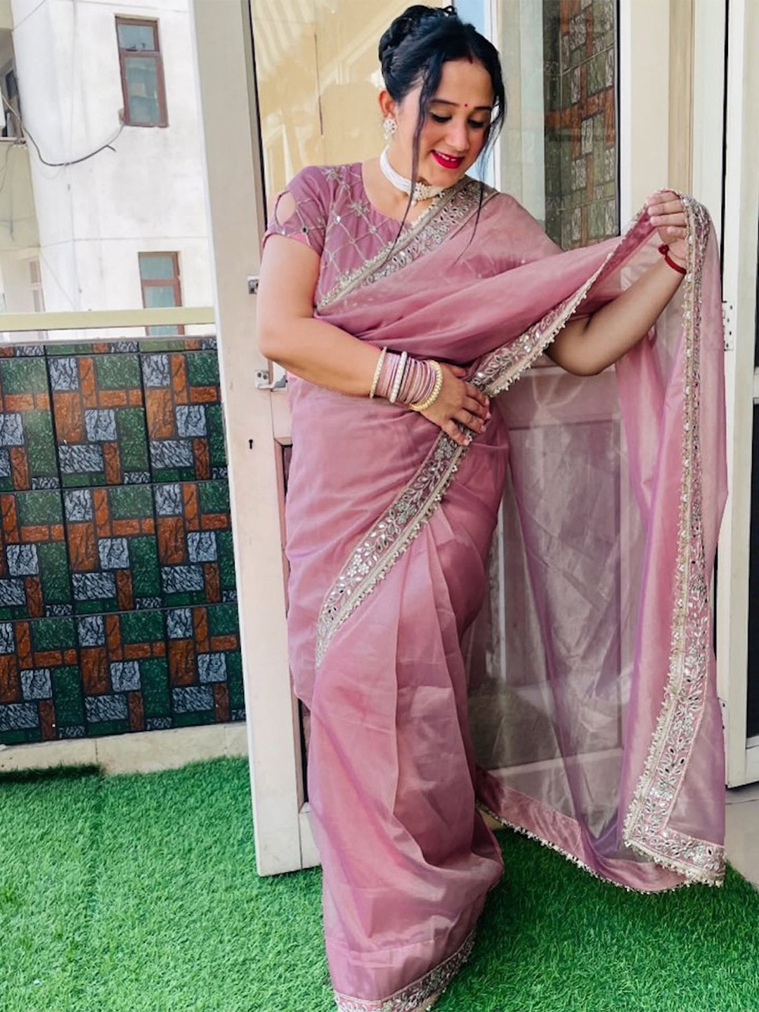 Celeb Styles Mirror Work Tissue Silk Saree
