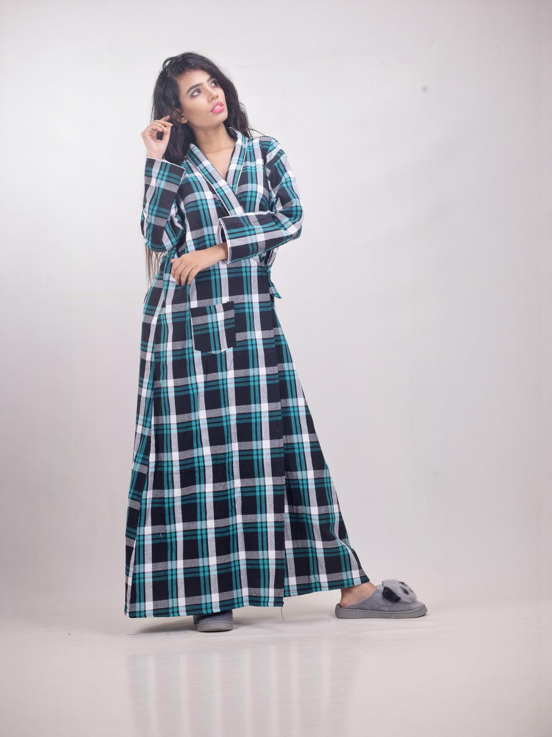 CLYMAA Sea Green Wool Blend Maxi Checked Nightdress
