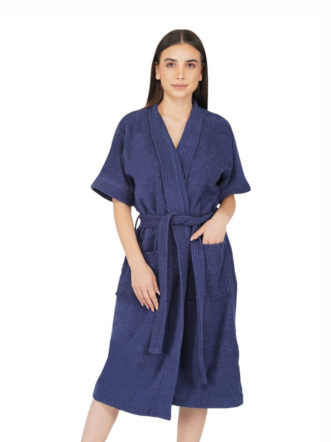 RANGOLI Noble, 400 GSM Navy Blue Solid Cotton Drawstring Knee Length Bath Robe-M