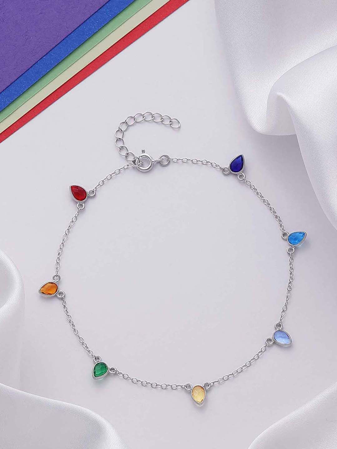 Tweov Jewels 925 Sterling Silver Multicolor Crystal Raindrop Chain Anklet