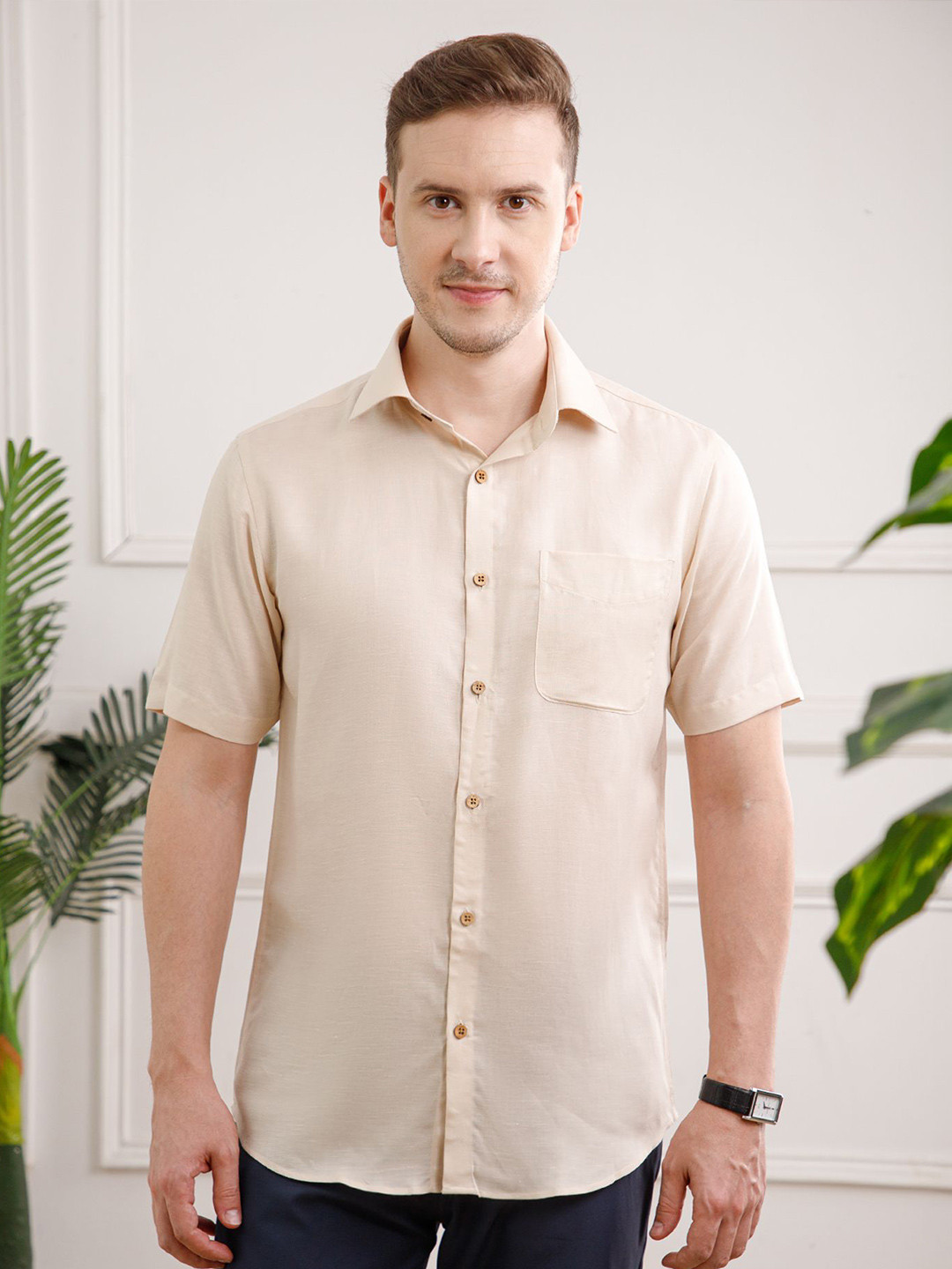 THE FORMAL CLUB Men Earthy Hemp Tencel Short Sleeve Shirt in Smart Fit