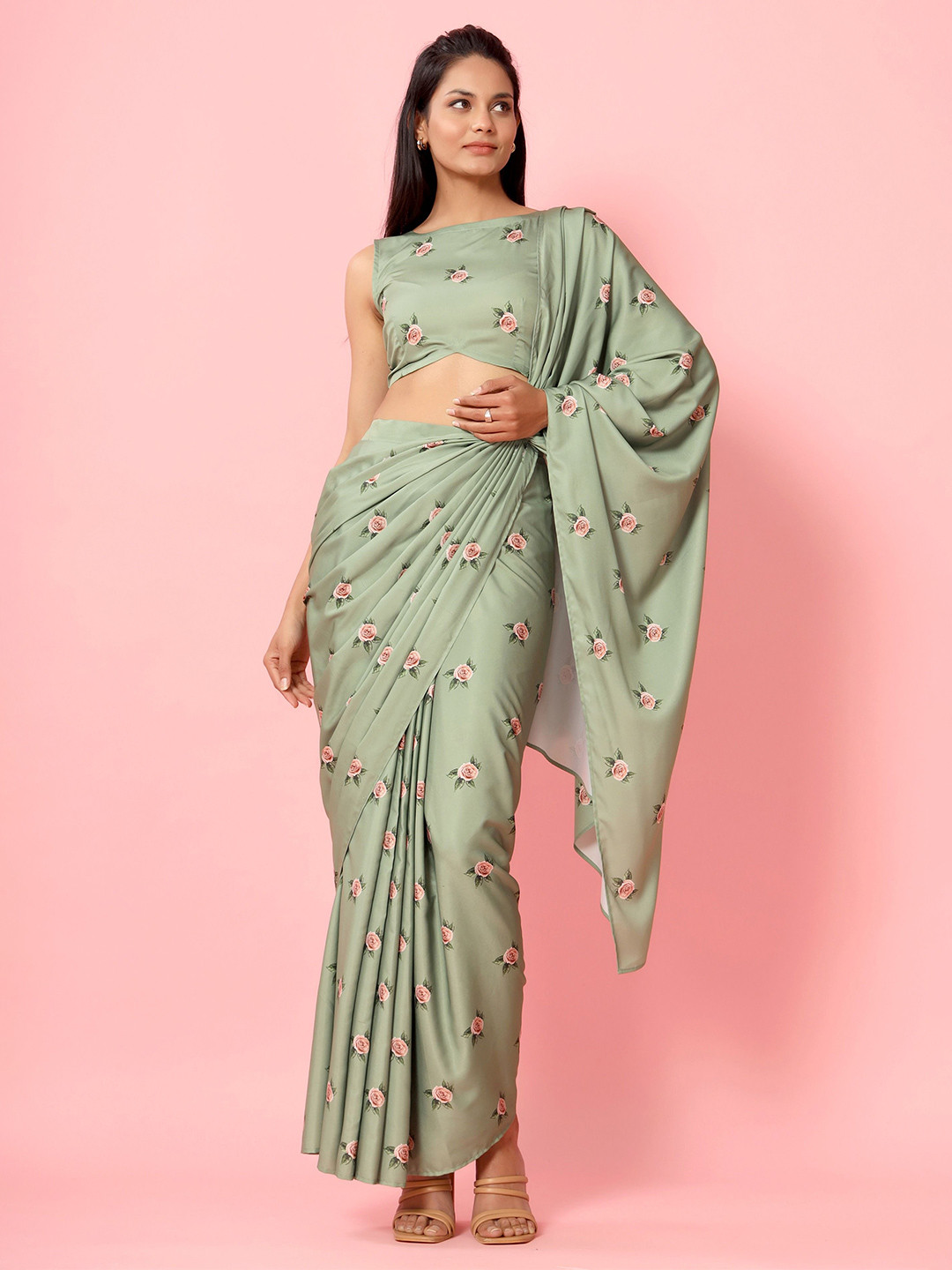 Pasha Women Floral Printed Seafoam Green Saree Set