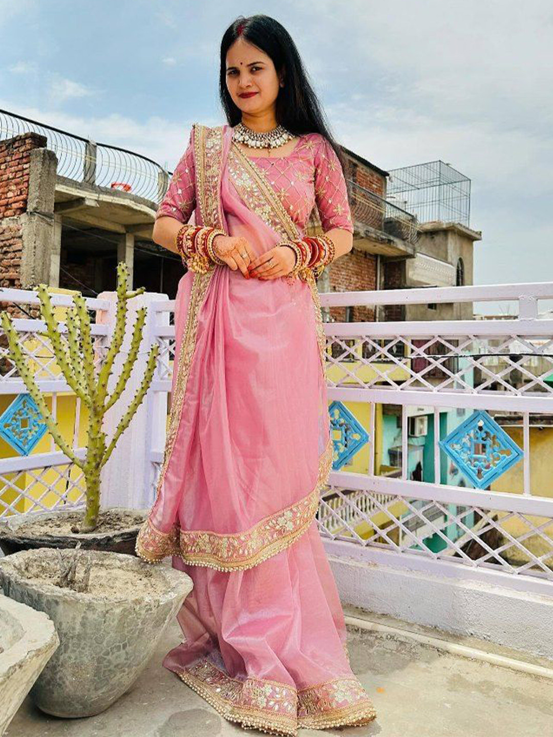 Celeb Styles Mirror Work Tissue Silk Saree